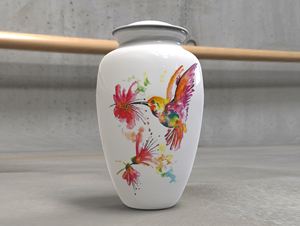 Colibrí colorido en árbol de palo con urna de cremación de aluminio para adultos con flores para cenizas humanas con bolsa de terciopelo gratis - Product Image 2