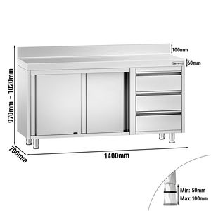 ตู้วางพื้นสแตนเลส PREMIUM - 1400x700 มม. - 3 ลิ้นชัก ด้านขวาและด้านบน - Product Image 2