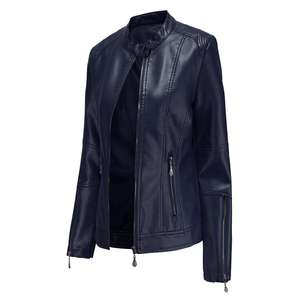 Blousons motards tendance pour femme en cuir tanné bleu marine, coupe ajustée, respirants, avec fermeture éclair, col montant et poches, style moderne - Product Image 3