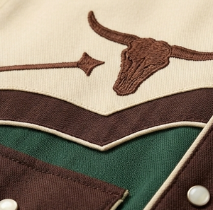 Chemise de cowboy western pour homme à manches longues, broderie sérigraphiée tête de taureau, contraste vert-marron, décontractée, ODM - Product Image 3