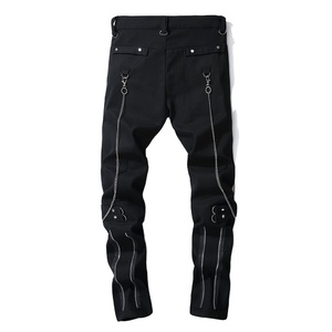 High Quality Wholesale Gothic Style Mens <b>Chain</b> Strap Jeans Mid-<b>Waist</b> Leather Trousers pants Black High Street Wear for Males - Product Image 1