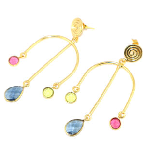 Boucles d'oreilles pendantes en laiton plaqué or 22 carats, style tendance, motif à carreaux, quartz hydro, design filaire, pour femmes, vente en gros - Product Image 2