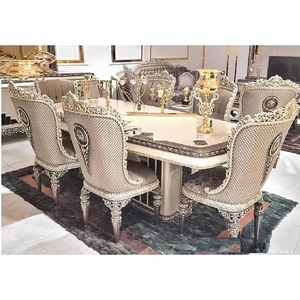 Table à manger finition argentée style français avec chaises Ensemble de table à manger design 7 pièces Ensemble de salle à manger finition métallique moderne - Product Image 1