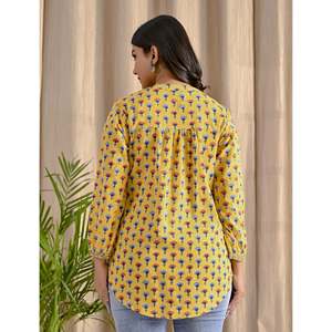 Multi Yellow Butti Cotton <b>Top</b> with Front Buttons Breathable Feature - Product Image 3