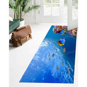 Tapis imprimé patchwork en laine motif poissons sous-marins - Tapis gobelin décoratif côtier animaux marins avec envers en latex écologique - Product Image 4