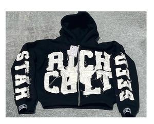 Ensemble de sweat-shirt surdimensionné poids lourd personnalisé lavé à l'acide en détresse soleil délavé patch brodé sweat à capuche zippé - Product Image 1