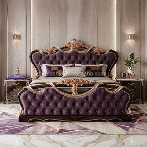 <span class=keywords><strong>Letto</strong></span> Imbottito Classico Europeo Personalizzato, Struttura in <span class=keywords><strong>Legno</strong></span> Intagliato, <span class=keywords><strong>Testiera</strong></span> Trapuntata in Velluto Viola per Villa e Hotel - Product Image 1
