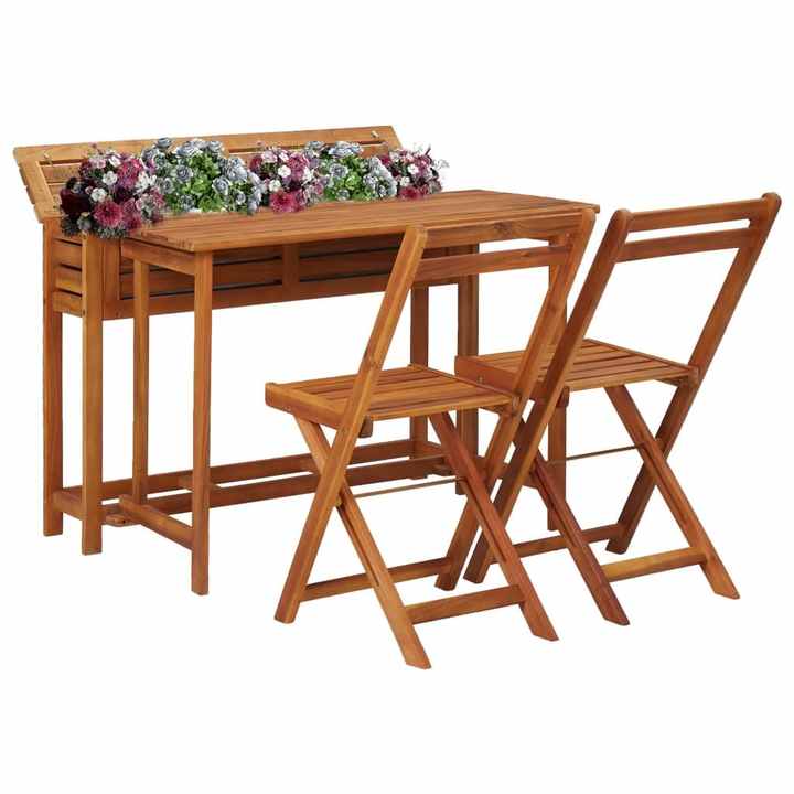 Modern Outdoor Furniture Set Solid Acacia Wood Garden Planter Table with 2 Bistro Chairs for Dining and Parks