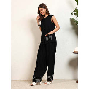 Deebaco Women's <b>Black</b> Sleeveless Casual O-Neck Loose Fit Top With Striped Ankle <b>Pants</b> 2-Piece Co-Ord Set Western Wear Outfit - Product Image 3