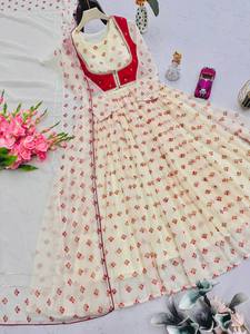 Ensemble de costume Anarkali imprimé crème de luxe Unity avec dupatta et veste contrastée en tissu de soie mélangée douce - Product Image 4