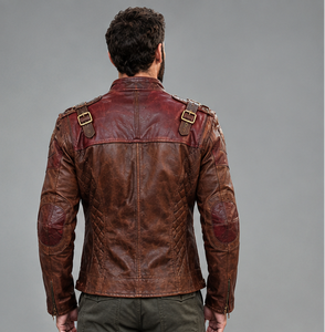 Veste en cuir pour homme à double boutonnage avec col montant et chaînes - Product Image 6