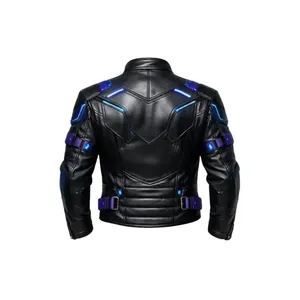 Veste de motard en cuir noir style cyberpunk néon avec accents LED, vente en gros - Product Image 2