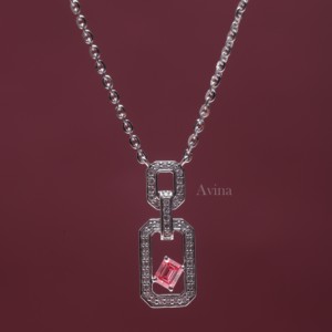 IGI Certified Lab Grown Diamond Emerald Cut Pink <b>Ruby</b> Open Link Pendant <b>Necklace</b> in 18K White Gold Geometric Designer <b>Necklace</b> - Product Image 3