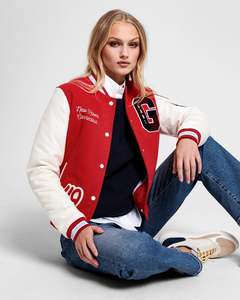 Chaquetas universitarias con cuello levantado para mujer con diseño de logotipo bordado de chenilla personalizado con parches, chaquetas cortas personalizadas para mujer - Product Image 1