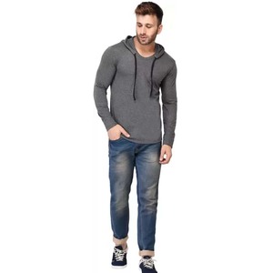 Jersey de algodón ligero Camiseta con capucha personalizada transpirable Hombres Cuello con capucha sólido Mezcla de algodón Camiseta gris - Product Image 4