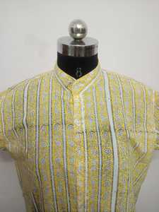 Hermosa Camisa de algodón con estampado de bloque de mano con patrón de rayas Ropa de verano de algodón puro con mangas cortas para fiestas - Product Image 4