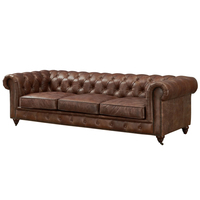 Canapé Chesterfield 3 places moderne de luxe en cuir marron capitonné avec structure en bois pour école, parc, entrepôt, atelier, salon
