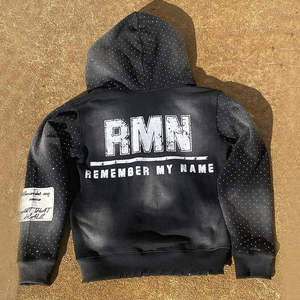 Streetwear Custom Acid Wash <b>Embroidery</b> Rhinestone Zip Hoodie Sweatpants Jogger <b>Set</b> Unisex Regular Fit Winter Maternity - Product Image 3