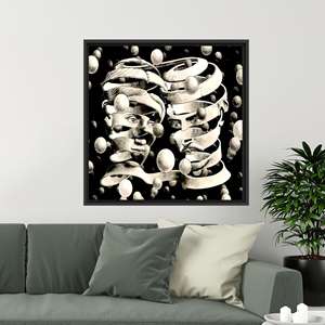 Impresión en lienzo con caras en espiral estilo Escher, decoración abstracta con ilusión óptica, enmarcada en negro - Product Image 1