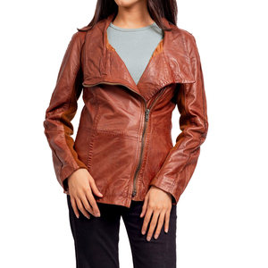 Chaqueta de cuero de piel de oveja genuina a la moda para mujer, con cremallera, relleno de algodón, MOQ bajo, procesamiento terminado - Product Image 1