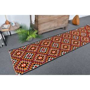 Alfombra Kilim turca vintage de 23x88 pies, diseño de retales naranja y rojo llamativo, Alfombra de yute de lana de tejido plano para adolescentes para uso en el pasillo - Product Image 1