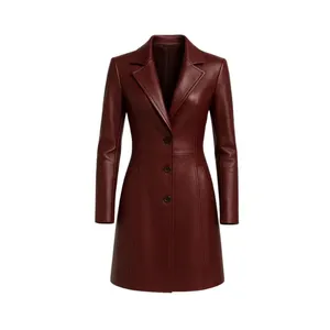 <b>Burgundy</b> Long Leather <b>Coat</b> with Button Closure - Product Image 1