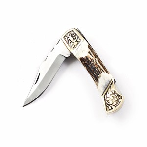 Navaja Plegable de Acero Inoxidable con Mango de Asta de Ciervo, Funda de Cuero Personalizada, EDC de Bolsillo, Grado Industrial, para Caza y Camping - Product Image 5