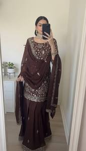 Sharara de Lentejuelas de Georgette Sintética, Estilo Étnico Artesanal, Excelente para Bodas, Otoño, Verano, Sin Arrugas, de Secado Rápido - Product Image 3