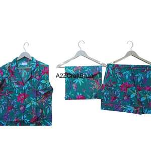 Ensemble de pyjama court pour femmes à motif floral imprimé à la main 100% coton pur Doux Fermeture à cordon de serrage Vêtement de nuit d'été - Product Image 4
