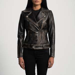 Veste de motard en similicuir marron Rumy avec motif vieilli, col montant en tissu satiné - pour toutes les saisons - Product Image 4
