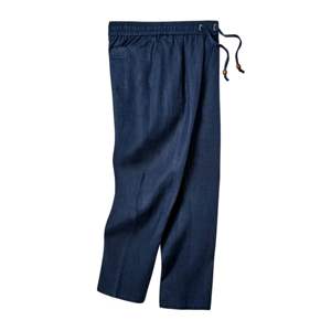 Pantalon en lin bleu marine conçu pour le confort et le style avec une poche latérale zippée dissimulée et une silhouette décontractée et souple - Product Image 3