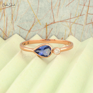 Anillo de oro rosa auténtico de 14 quilates personalizado con tanzanita azul auténtica de 0,48 quilates y pequeño bisel de diamantes para bodas y fiestas - Product Image 4