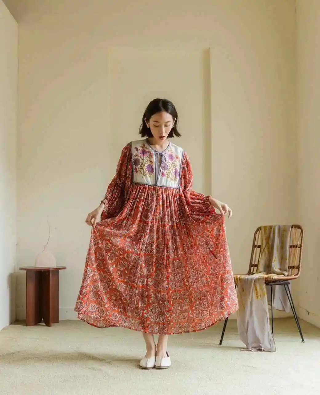 Vestido de encaje con estampado de bloques de mano para mujer, cuello redondo, mangas 3/4th, estampado de flores, vestido de falda Midi hecho a mano, precio al por mayor