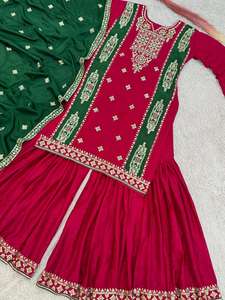 Collection lourde en pure soie chinnon avec haut de travail à broderie lourde et ensemble Dupatta entièrement cousu prêt à porter - Product Image 5