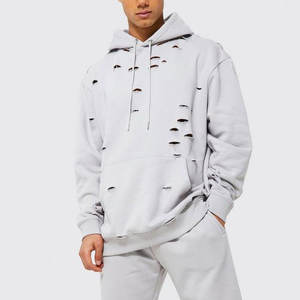 Sweat-shirts d'hiver personnalisés pour hommes, en molleton gris chiné déchiré, à manches longues, avec poche, surdimensionné, 100% coton, OEM privé - Product Image 4