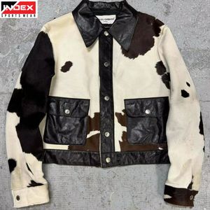 Chaqueta de Cuero Vacuno para Hombre, con Cremallera Asimétrica, Estampado de Vaca en Blanco y Negro, para Motocicleta, Ropa de Invierno - Product Image 1