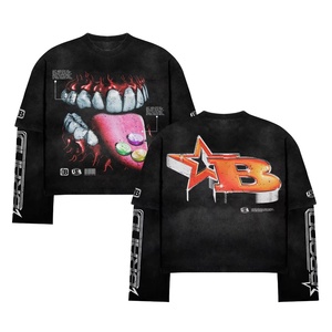 Camiseta personalizada de alta calidad con estampado de dos piezas simulado, camiseta de manga larga de doble capa Vintage rasgada de algodón para hombres - Product Image 3