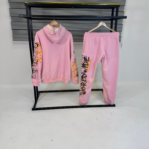 Ropa de calle para hombre, chándal, lavado ácido, diseño impreso, personalizado, de gran tamaño, transpirable, con estampado de diamantes de imitación, conjunto de chándales de dos piezas - Product Image 6