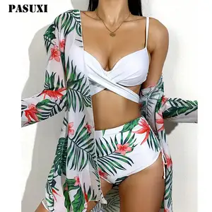 Paduxi Vrouwen Hot 3Pcs Gebloemde Bandage Badmode Badpak Bikini Met Cover Up Jurk Geel Badpak Strandkleding