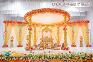 Mandap doré unique pour cérémonies de mariage hindoues en plein air, nouveau modèle de mandap de mariage indien, décoration de chaises, tendance, beau jardin, États-Unis - Product Image 4