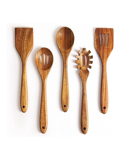 Cuillères en bois d'acacia pour la cuisine: Ensemble d'ustensiles de cuisine et de cuisine de 5 pièces-Spatule en bois, cuillère à fentes et à pâtes-Essentiel - Product Image 1