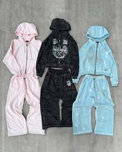 Custom Acid Wash Sweatsuit Jogging Track Suit Set Streetwear Puff Print <b>Spray</b> Wash Flare Sweatpants and Full Zip up Hoodie Set - Product Image 6
