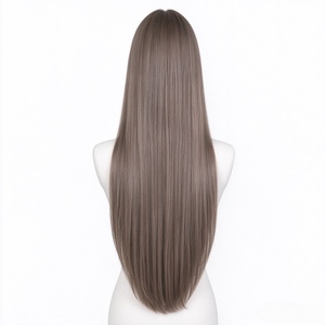 Perruque 100% cheveux humains, longue, brun cendré clair, cheveux raides, avec raie au milieu, pour femmes - Product Image 3