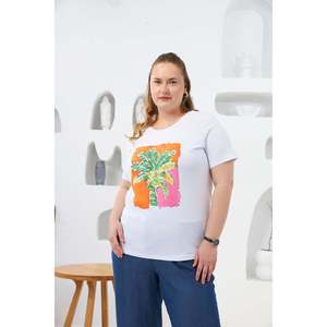 Camiseta de Manga Corta Blanca Estampada para Mujer Talla Grande RMG, Top Informal Cómodo de Mezcla de Algodón Tejido para Uso Diario - Product Image 1