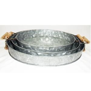 Plateau de service rond galvanisé avec poignées en bois pour la maison, le bureau, la fête, le mariage et le spa Plateau en métal galvanisé durable - Product Image 2