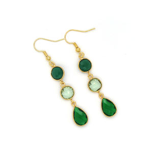 Handmade Flower Bohemian Multi Gemstone Dangle Hook <b>Earrings</b> | <b>Green</b> Onyx <b>Green</b> Amethyst Emerald | 18K Gold Plated Nickel-Free - Product Image 2