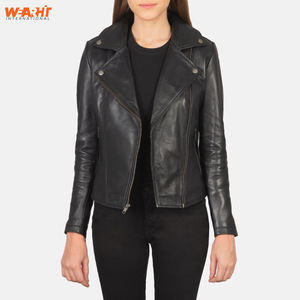 Chaqueta de motorista de cuero negro genuino para mujer, ajustada, cuello de solapa clásico, cremallera frontal asimétrica, cremallera lateral, liso teñido sólido - Product Image 5