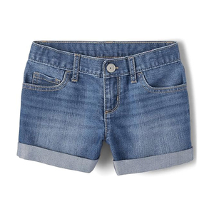 Shorts en jean pour filles avec fermeture à bouton et ourlet retroussé, design personnalisé, vente en gros de shorts en jean pour enfants - Product Image 1