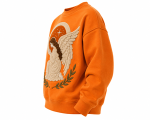 Sweat-shirt unisexe orange à col rond, imprimé floqué, logo feuille appliqué, pull décontracté, vêtement d'automne, coupe classique, en molleton tricoté - Product Image 3