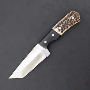Couteau de chasse artisanal en corne de cerf, lame pleine, avec étui en cuir - Product Image 3
